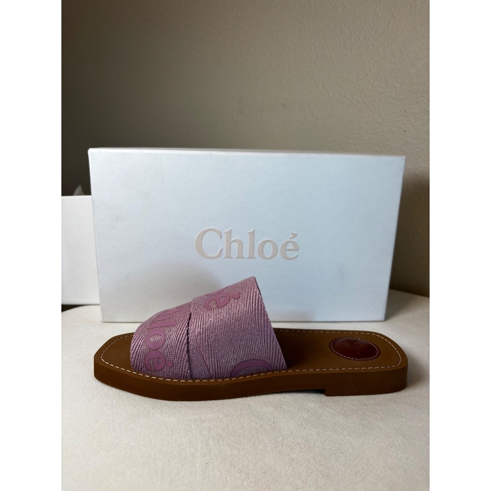 Chloe Woody Flat Slide Sandals Purple Pink Canvas Logo Ribbon Square Toe Italy - Picture 6 of 9